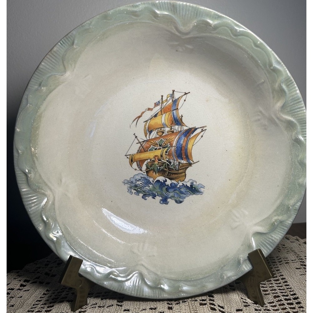 Vintage Mid 20th Century Decorative Bowl Tall Waves Green Edging 9in W 2in Deep